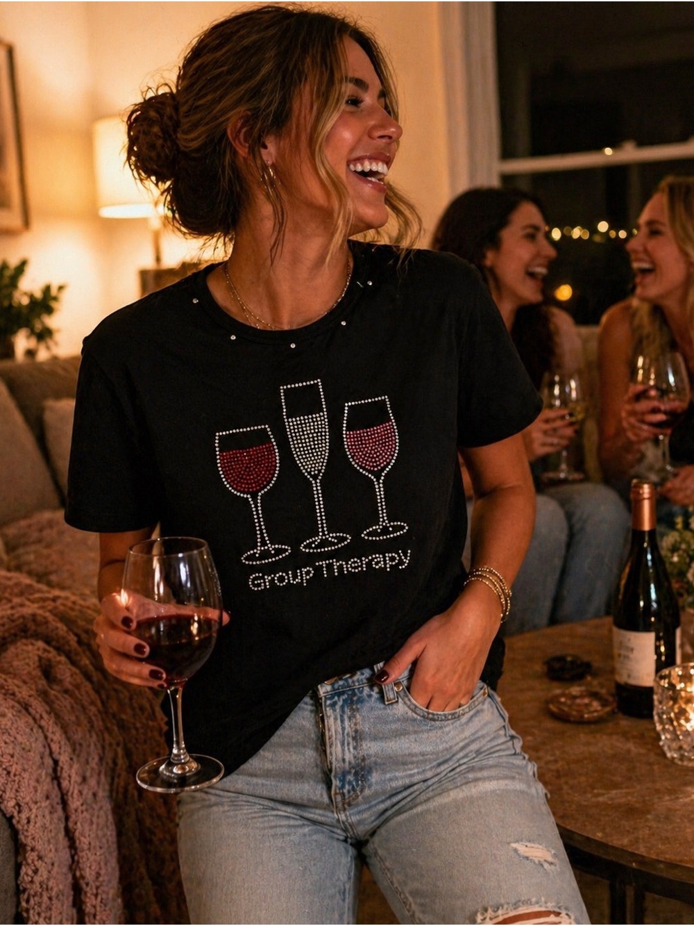 LasOlas Group Therapy Black Graphic Tee - Women's Wine Glass Rhinestone Top